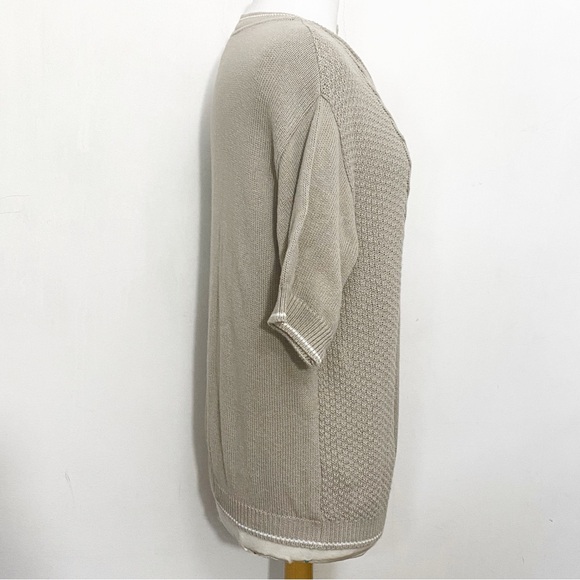 AILEEN mixed media knit short sleeve sweater gold embroidered emblem on chest M - Picture 4 of 7